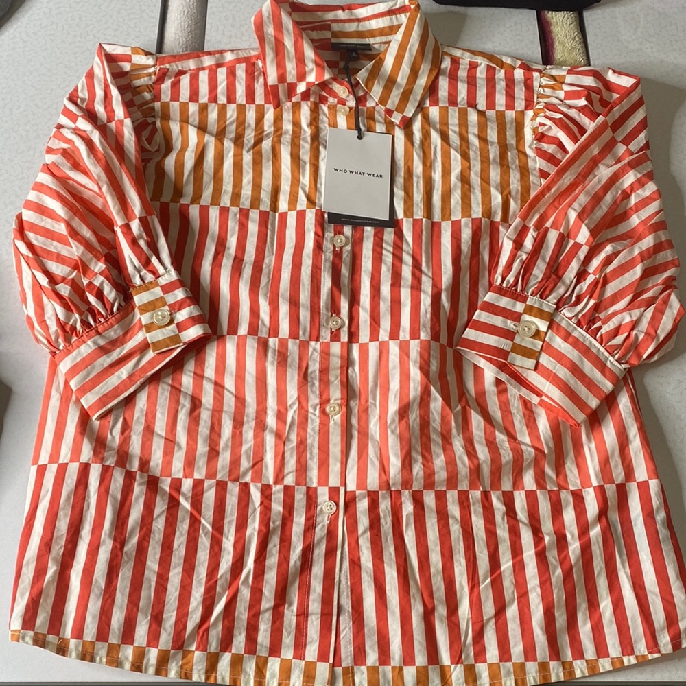 Who What Wear size small orange white coral quarter sleeve blouse button down